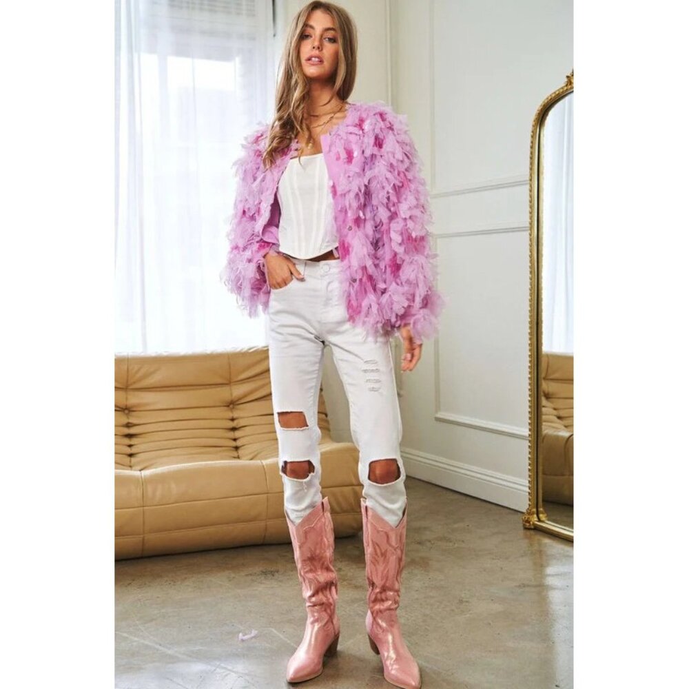 💥SHOWSTOPPER💥Jazzy 20's Flapper Style Fluffy Tiered Sequined Jacket in Pink - Picture 7 of 16